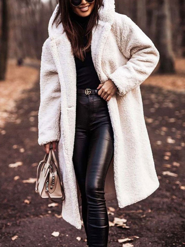 Bexleyaine | Women's Casual Stretch Teddy Overcoat with a Notch Collar and Deep Pockets — White