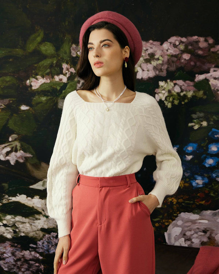 Bexleyana | Women's Cozy Cable Knit Crew Neck Sweater — White