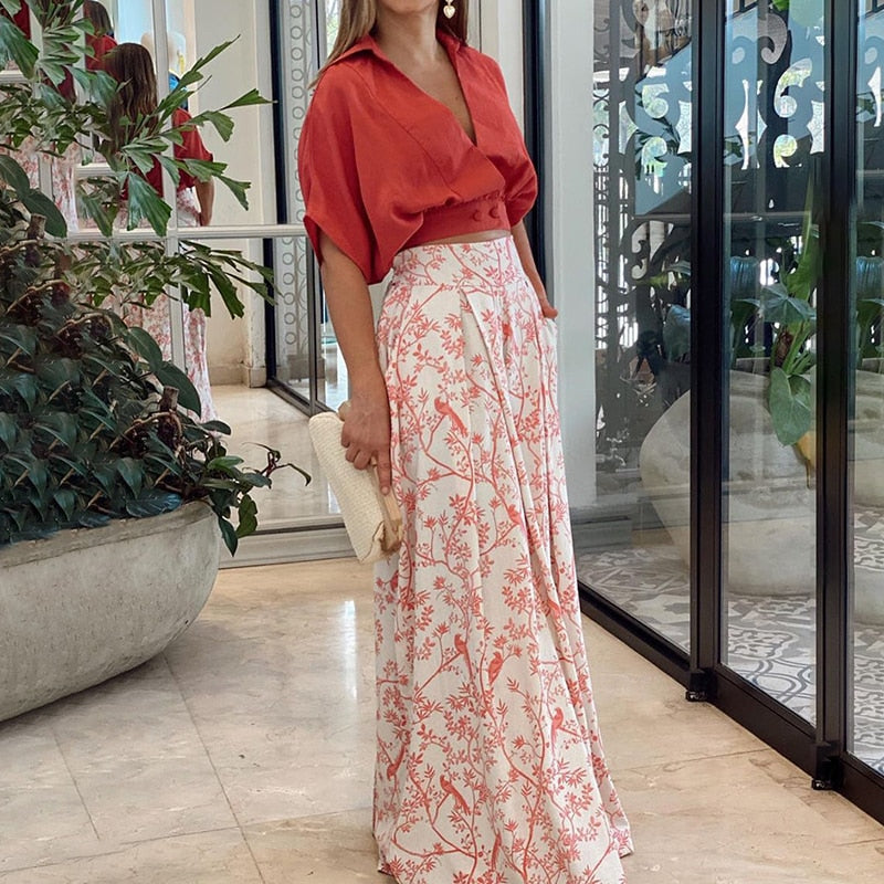 Bexleycine | Women's Two-Piece Matching Graceful Floral Inspired Two Piece Set — Dark Orange