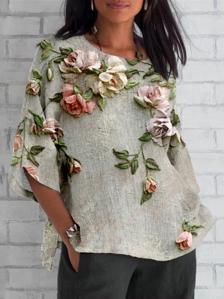Bexleyienne | Women's Casual Stretch Vibrant Floral Print Top — Light Grey