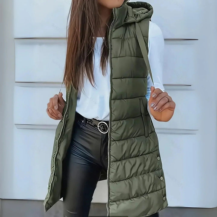 Bexleylise | Women's Longline Hooded Puffer Vest — Army Green