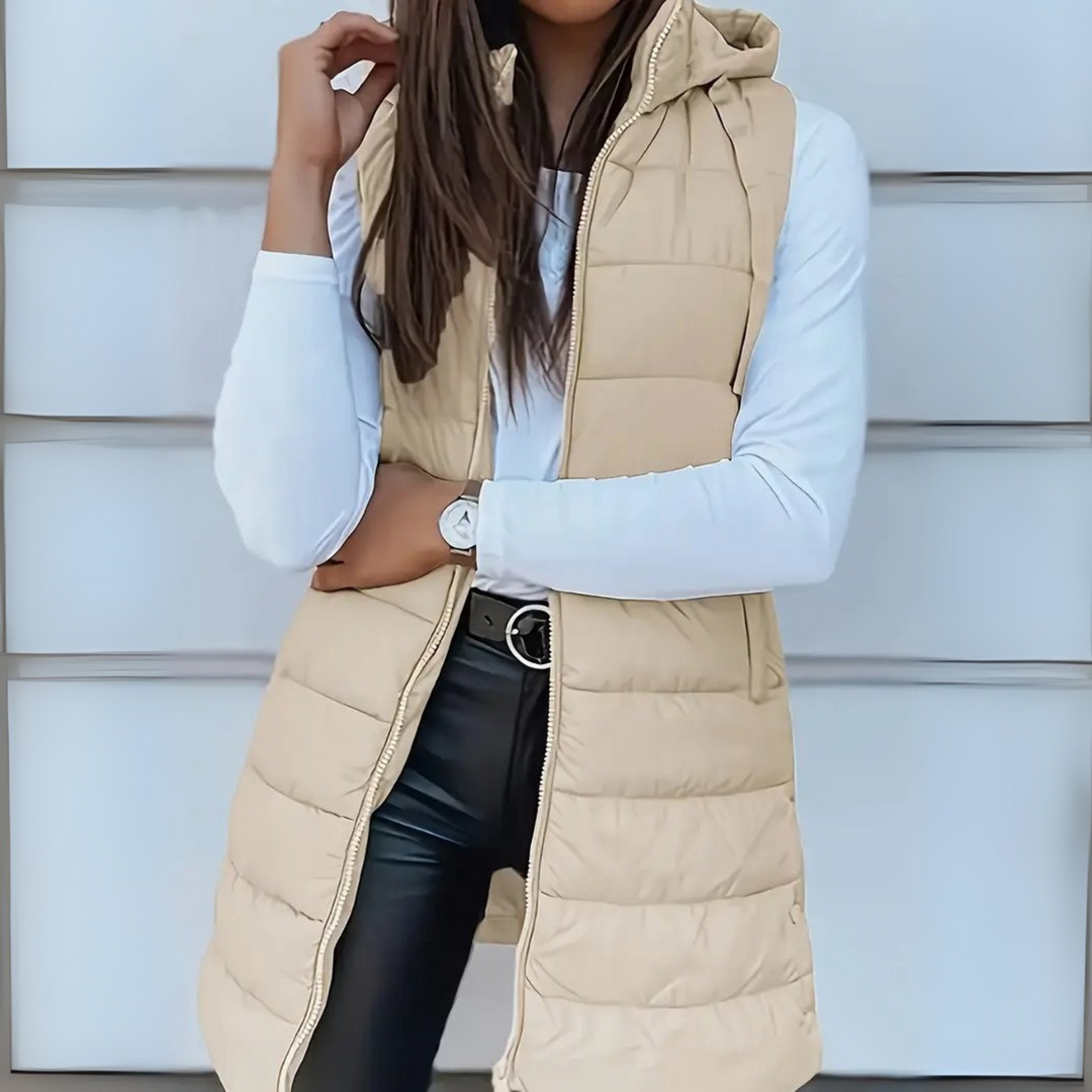 Bexleylise | Women's Longline Hooded Puffer Vest — Beige