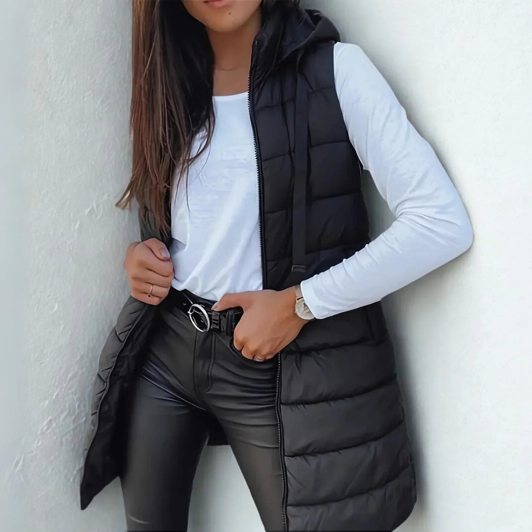 Bexleylise | Women's Longline Hooded Puffer Vest — Black
