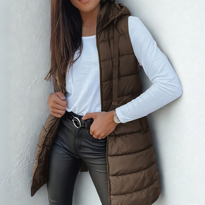 Bexleylise | Women's Longline Hooded Puffer Vest — Brown