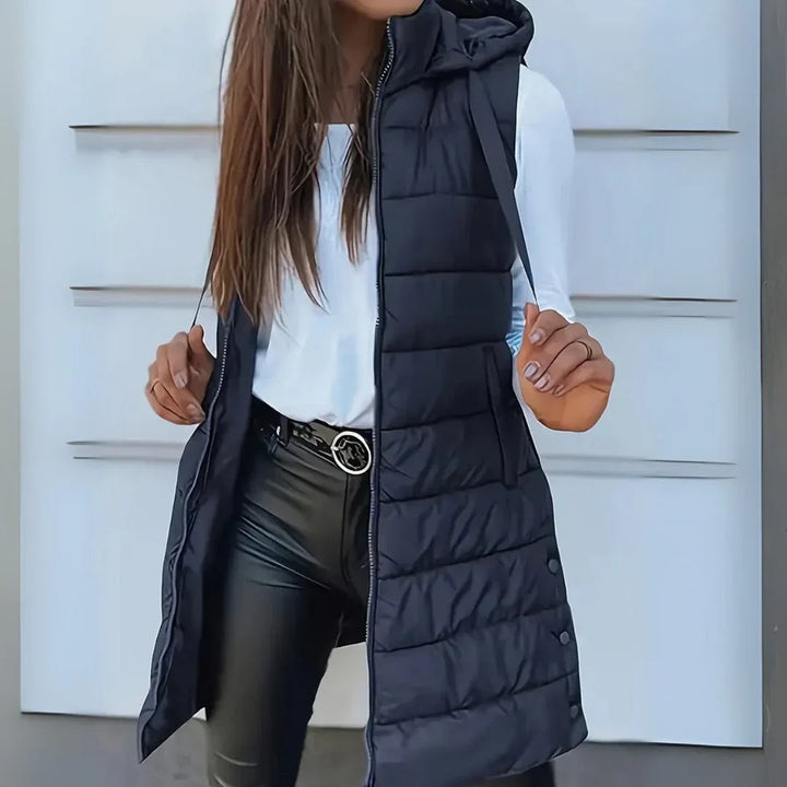 Bexleylise | Women's Longline Hooded Puffer Vest — Navy Blue