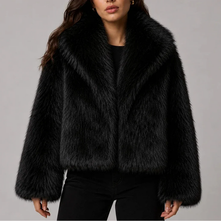 Brevessa | Women's Cropped Faux Fur-Look Jacket with Oversized Collar — Black