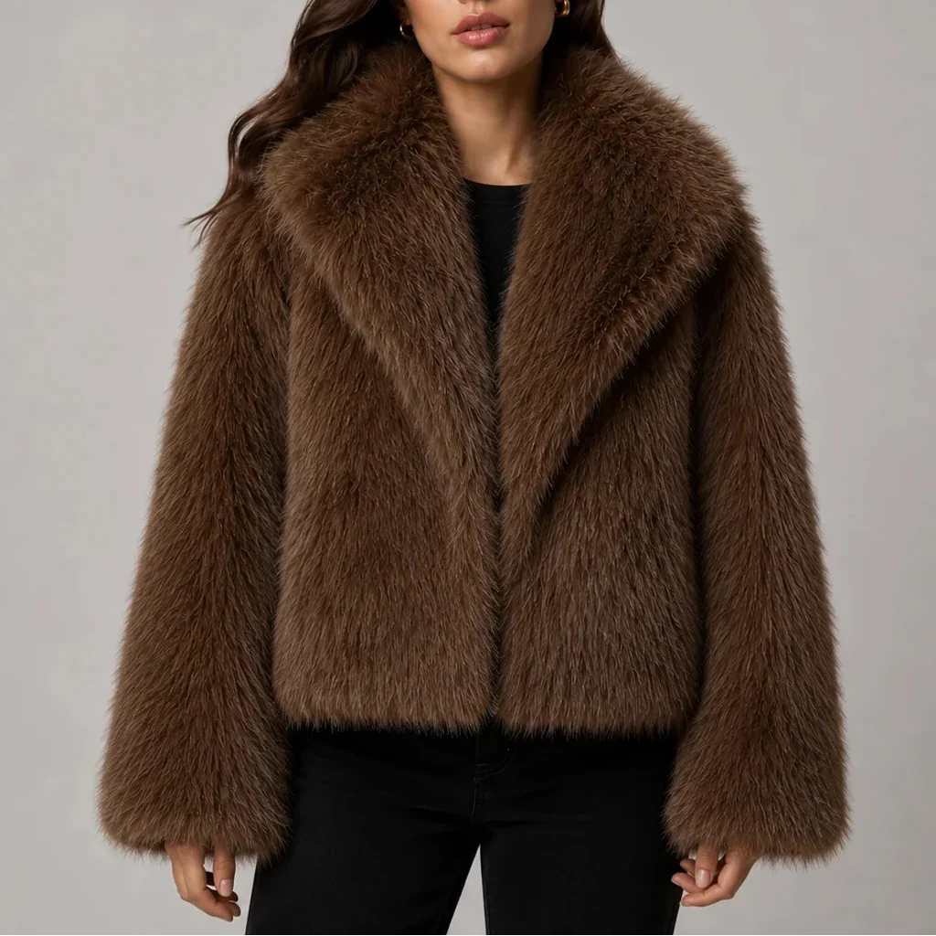 Brevessa | Women's Cropped Faux Fur-Look Jacket with Oversized Collar — 1