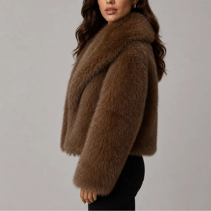 Brevessa | Women's Cropped Faux Fur-Look Jacket with Oversized Collar — 2