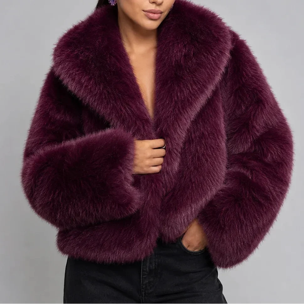 Brevessa | Women's Cropped Faux Fur-Look Jacket with Oversized Collar — Purple