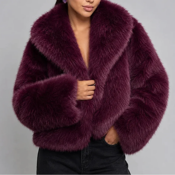 Brevessa | Women's Cropped Faux Fur-Look Jacket with Oversized Collar — Purple