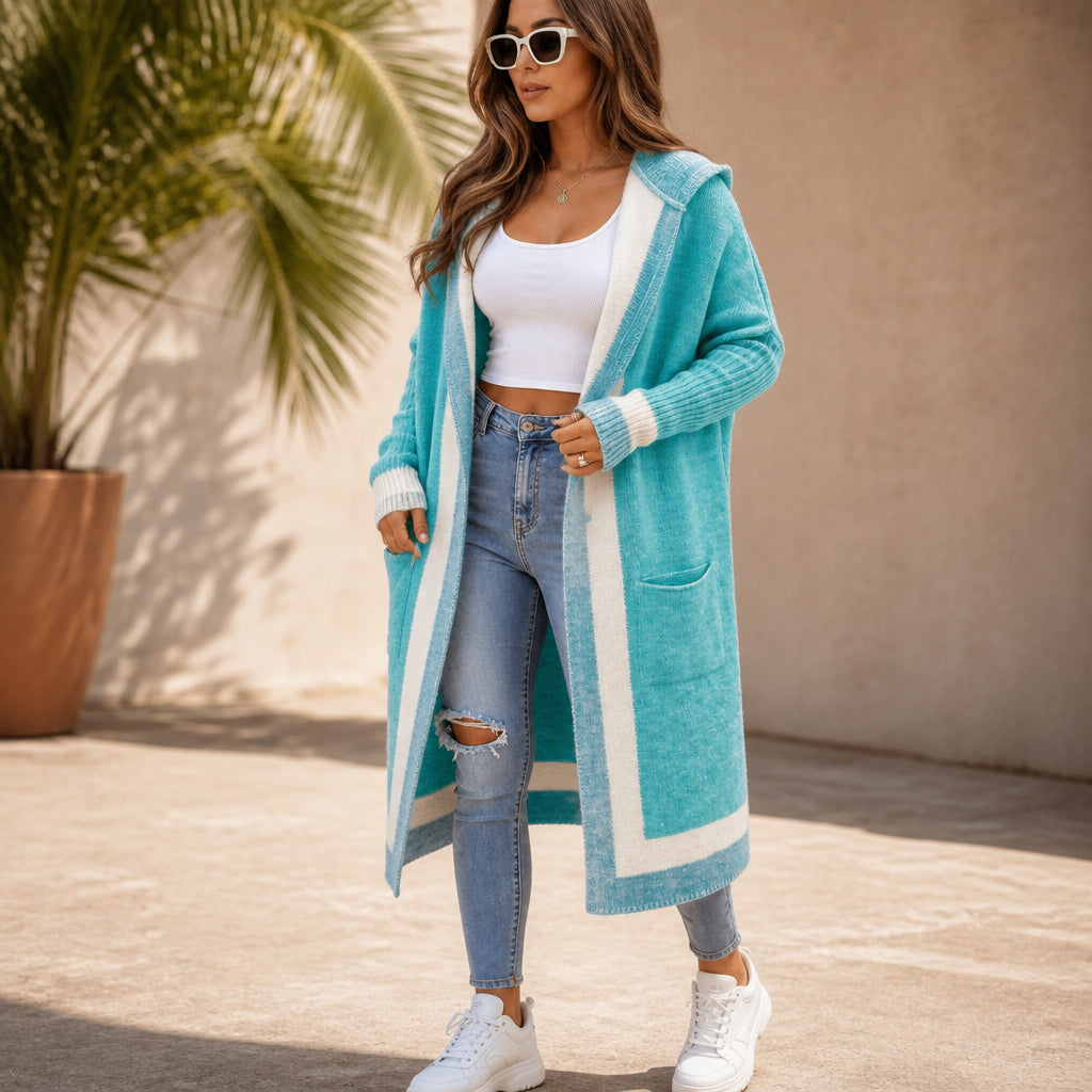 Brevsia | Women's Color-Block Hooded Longline Knit Cardigan