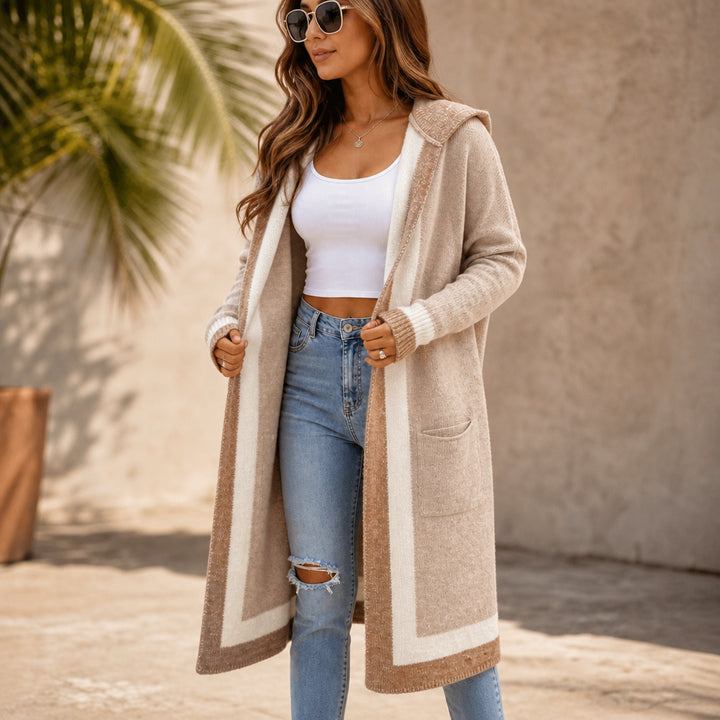 Brevsia | Women's Color-Block Hooded Longline Knit Cardigan