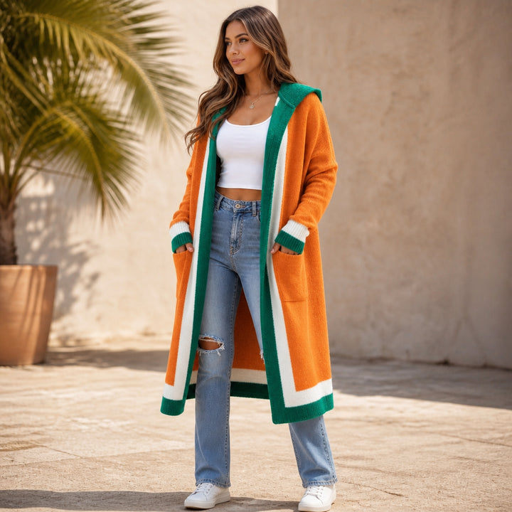 Brevsia | Women's Color-Block Hooded Longline Knit Cardigan