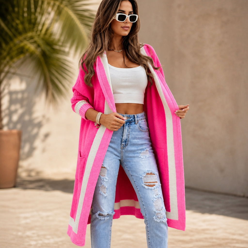 Brevsia | Women's Color-Block Hooded Longline Knit Cardigan