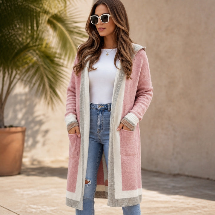 Brevsia | Women's Color-Block Hooded Longline Knit Cardigan