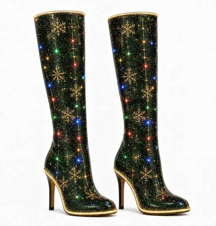 Briereth | Women's Snowflake Print Knee-High Heeled Boots — 1