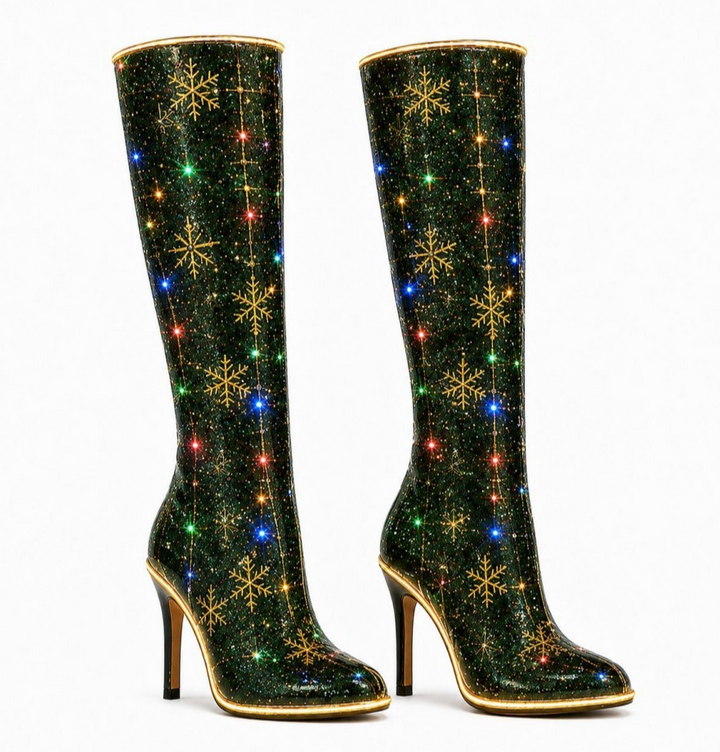 Briereth | Women's Snowflake Print Knee-High Heeled Boots — 1