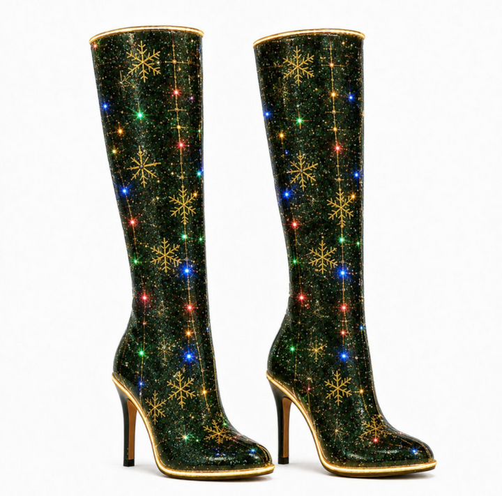 Briereth | Women's Snowflake Print Knee-High Heeled Boots — 2