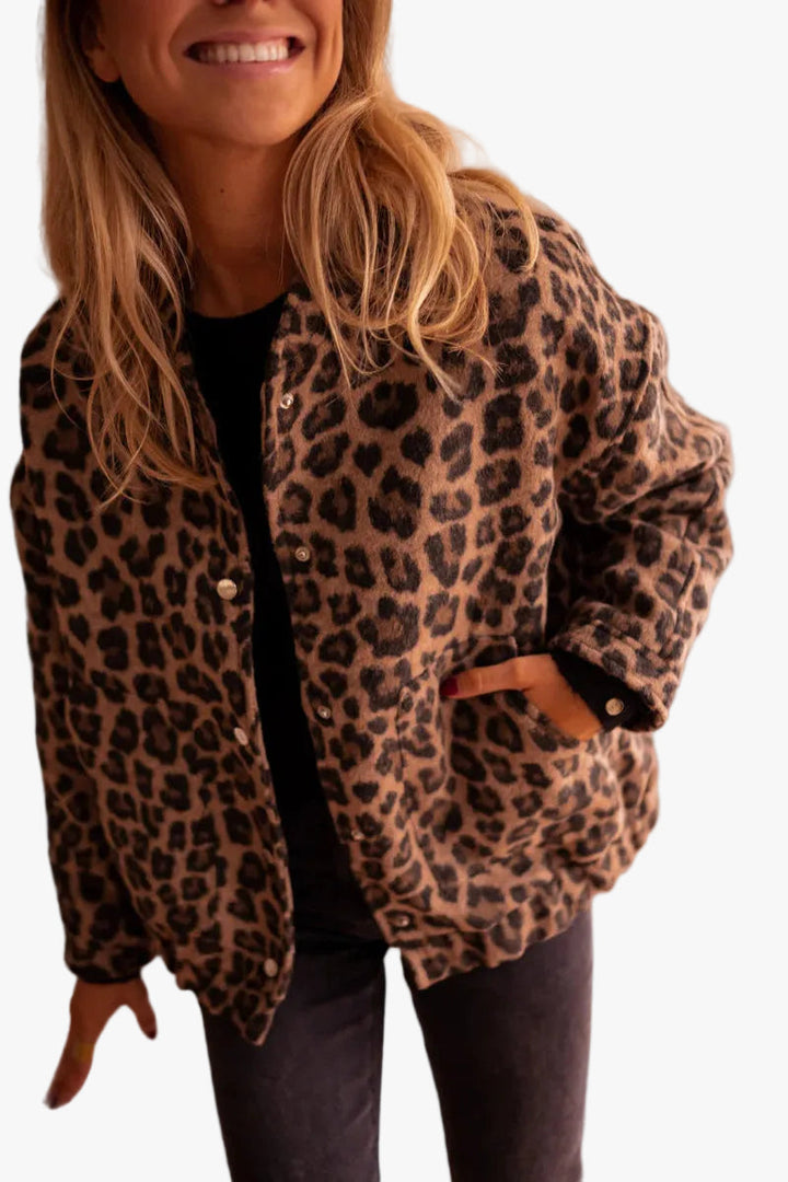 Briina | Women's Quilted Bomber Jacket with Animal Print and Snap Front — Brown with Leopard