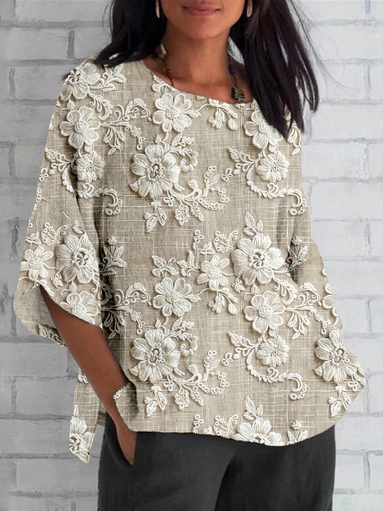 Brilora | Women's Casual Stretch Vintage Inspired Floral Top — Khaki