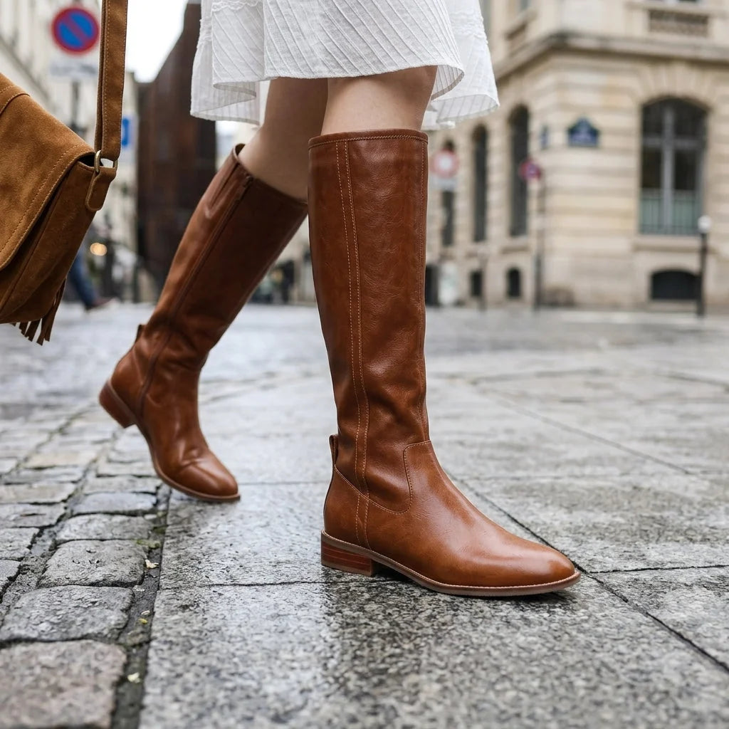 Brisynne | Women's Knee High Boots in Riding Style with Block Heel — Brown