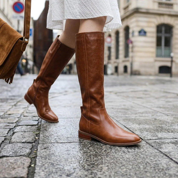 Brisynne | Women's Knee High Boots in Riding Style with Block Heel — Brown