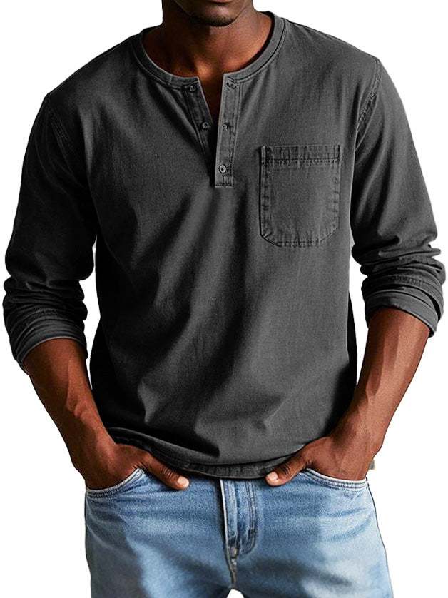 Model showcasing a long sleeve button neck shirt against a plain background.