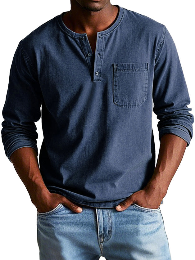 Model in an everyday long sleeve top with straight fit on a plain background.