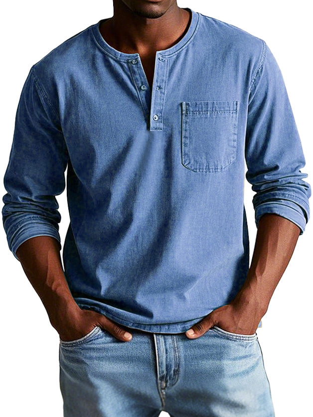A casual long sleeve shirt with button placket on a plain background.