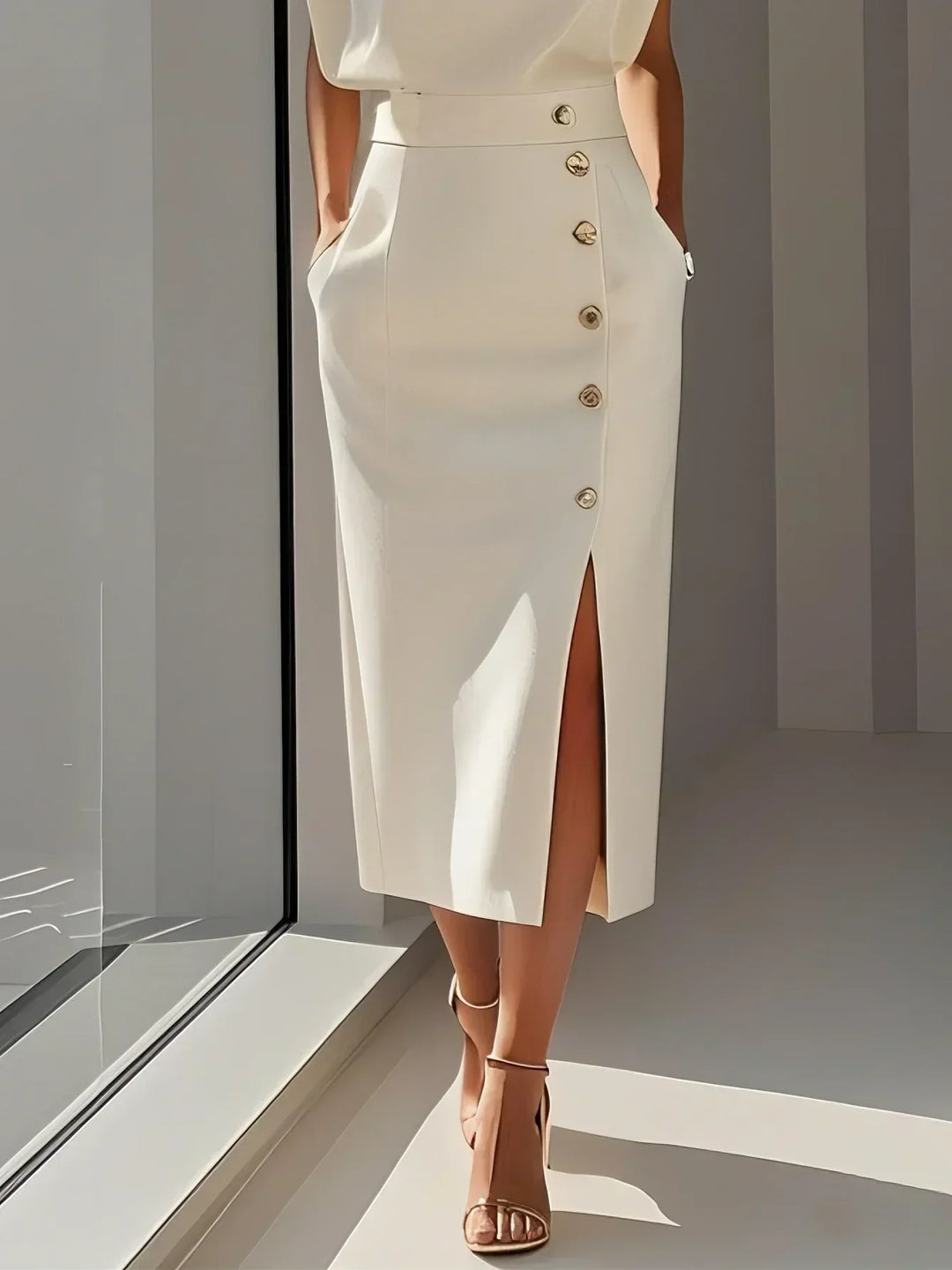  Woman showcasing a chic midi dress for smart casual styling on a plain background.