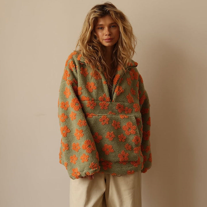 Caecine | Women's Knit Cozy Floral Sherpa sweater – oversized Boho Pattern Sweater — Orange