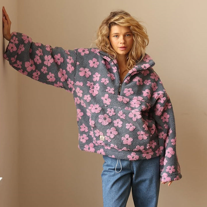 Caecine | Women's Knit Cozy Floral Sherpa sweater – oversized Boho Pattern Sweater — Pink