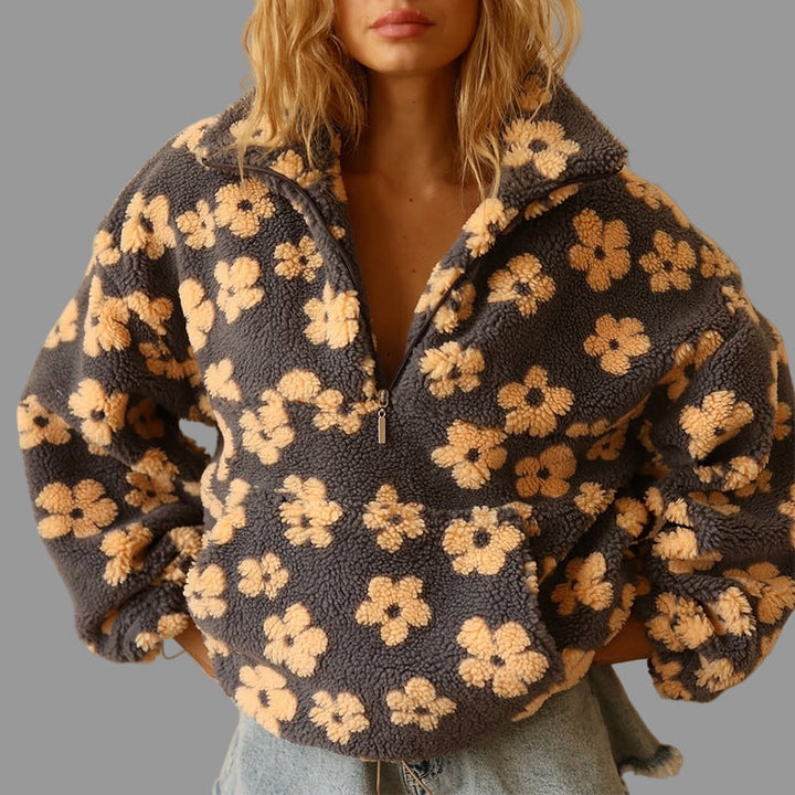 Caecine | Women's Knit Cozy Floral Sherpa sweater – oversized Boho Pattern Sweater — Yellow