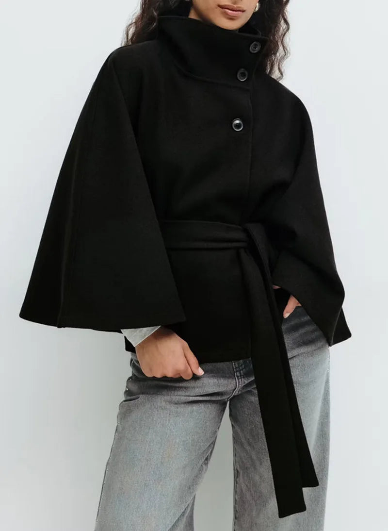 Caewynn | Women's Stand Collar Windbreaker | Long Sleeve | Batwing Sleeves Coat — Black