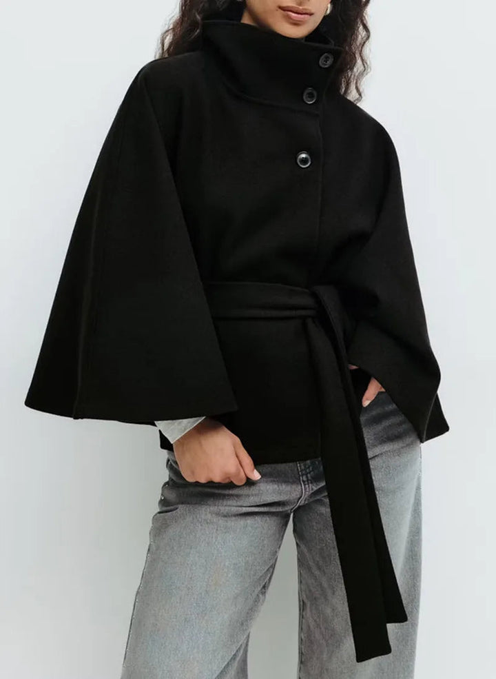 Caewynn | Women's Stand Collar Windbreaker | Long Sleeve | Batwing Sleeves Coat — Black