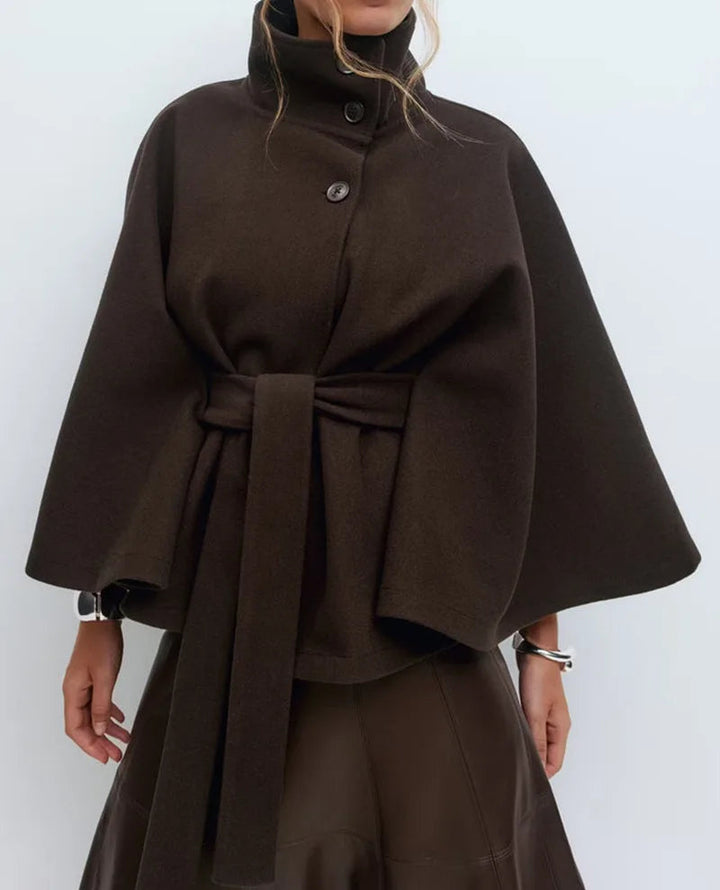 Caewynn | Women's Stand Collar Windbreaker | Long Sleeve | Batwing Sleeves Coat — Chocolate Brown