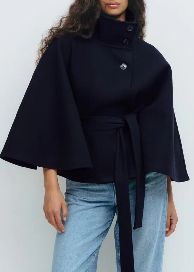 Caewynn | Women's Stand Collar Windbreaker | Long Sleeve | Batwing Sleeves Coat — Navy blue