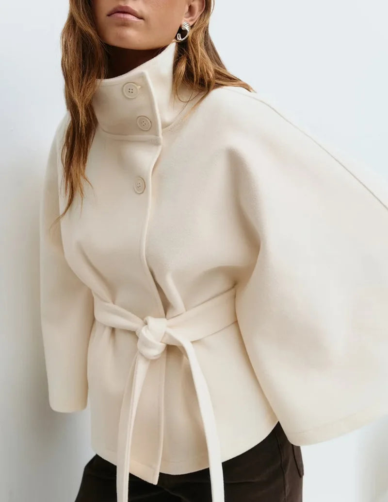 Caewynn | Women's Stand Collar Windbreaker | Long Sleeve | Batwing Sleeves Coat — White