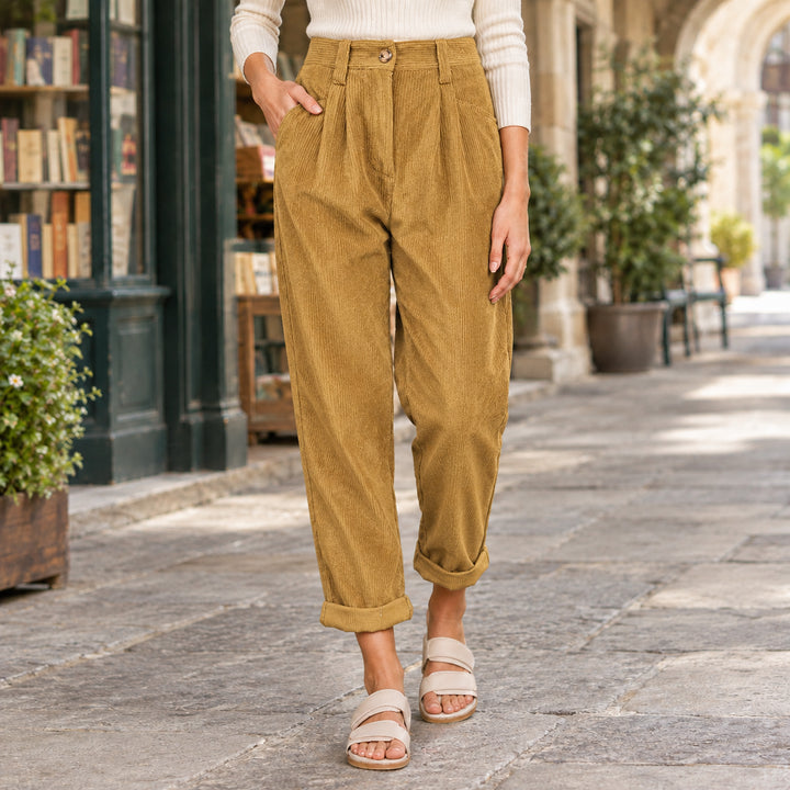 Calisora | Women's Tailored Relaxed Tapered Corduroy-Look Pants — Mustard