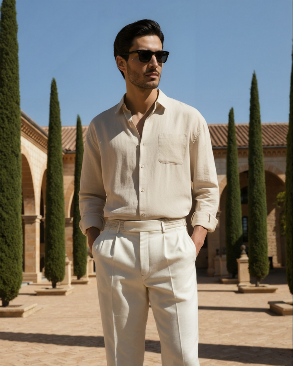  Male model in a long sleeve button down shirt with chest pocket on a plain background.