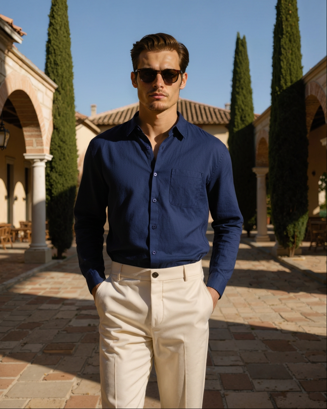  Male model in a clean long sleeve shirt with button closure on a plain background.