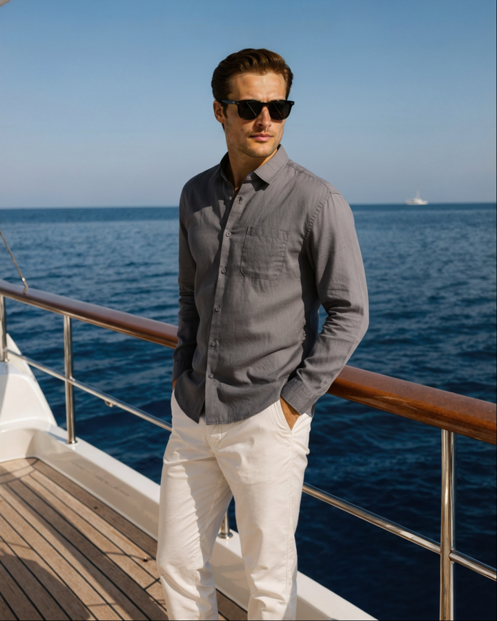  Male model wearing a smart casual button shirt 