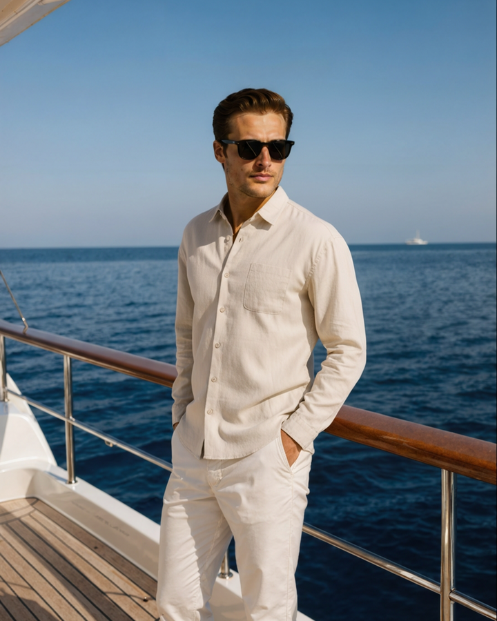 Male model wearing a casual button down shirt on a plain background.
