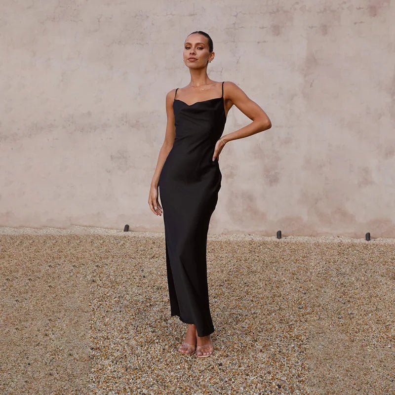 Caroline | Women's Elegant Maxi Wedding Guest Dress with Cowl Neckline Dresses — Black
