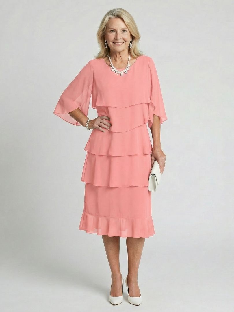 Woman wearing a graceful tiered dress with a relaxed silhouette.