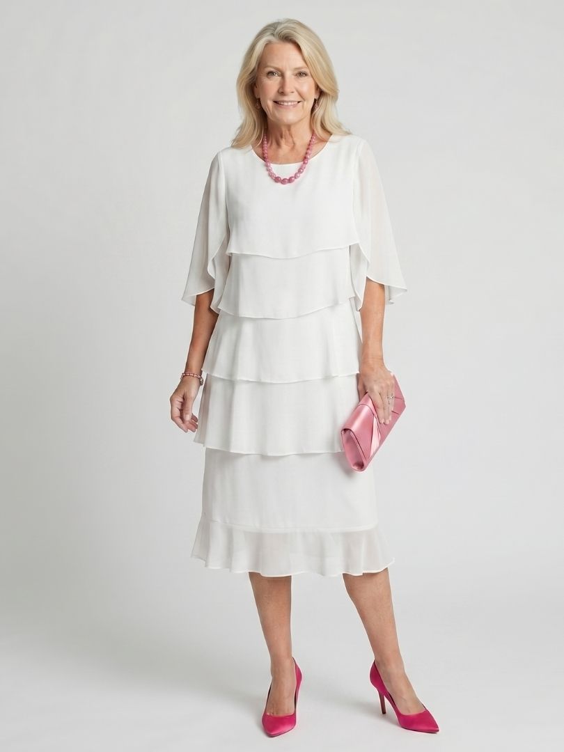 Female modeling a flutter sleeve dress with tiered skirt