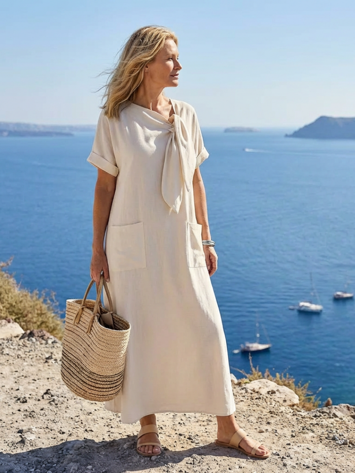 Female model showcasing a modest formal dress with relaxed sleeves on a beach background.