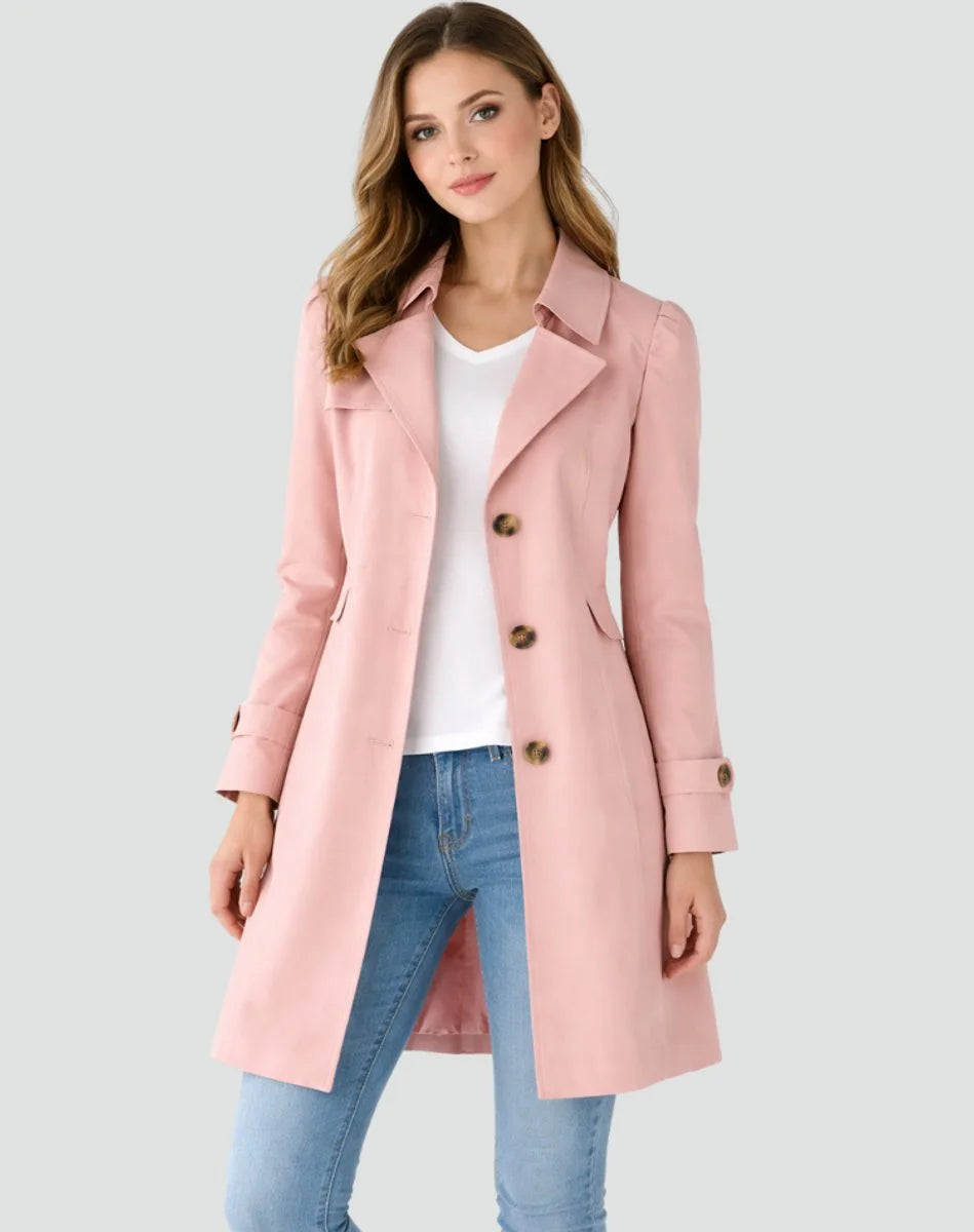 Caulphine | Women's Tailored Mid-Length Double-Breasted Trench Coat — Pink