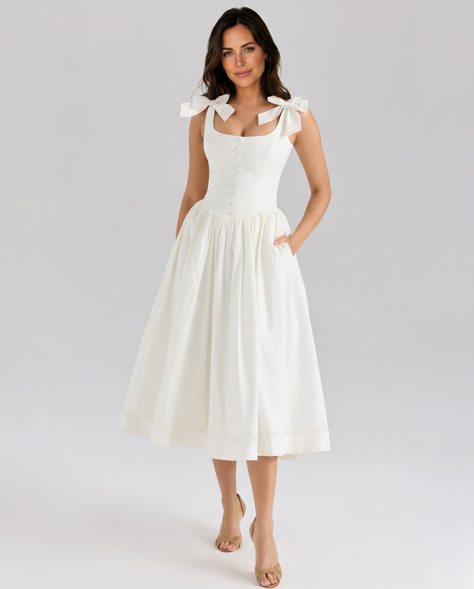 Caulriel | Women's Maxi High-Waist Bow Strap Midi Dress with Gathered Skirt — 1