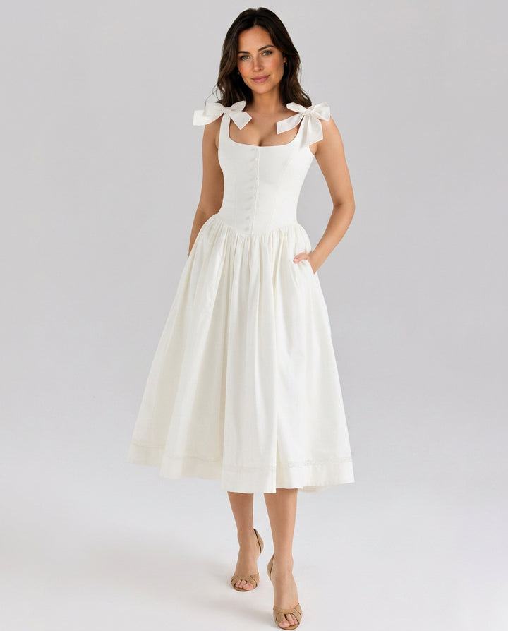Caulriel | Women's Maxi High-Waist Bow Strap Midi Dress with Gathered Skirt — White